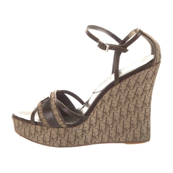 Christian Dior Diorissimo Trotter Street Chic Wedge Sandals Tan Canvas Size 38.5 - Picture 1 of 12